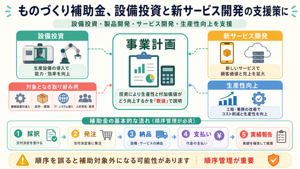 ものづくり補助金、設備投資と新サービス開発の支援策にの図解