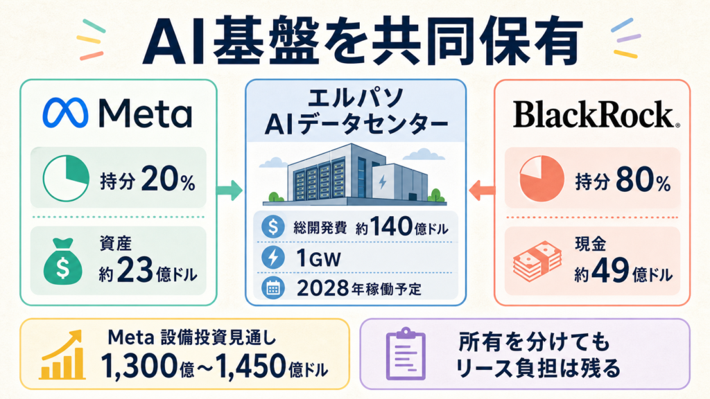 MetaとBlackRockのAIデータセンター共同保有と資金構造を示す図解