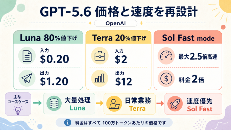 OpenAI GPT-5.6のLunaとTerraの値下げ、Sol高速モードを整理した図解