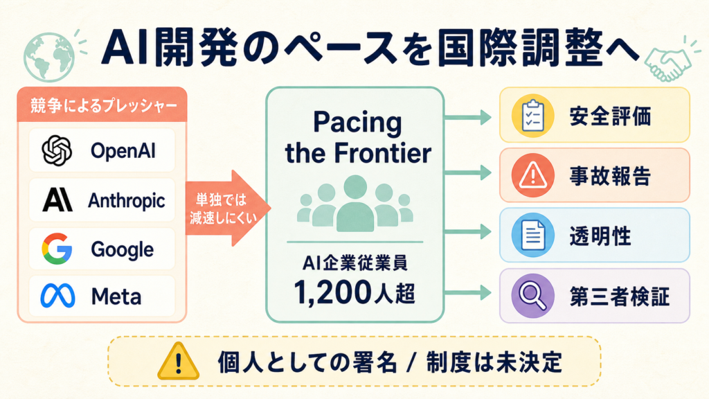 AI企業の競争圧力と国際的な開発ペース調整の必要性を示す図解