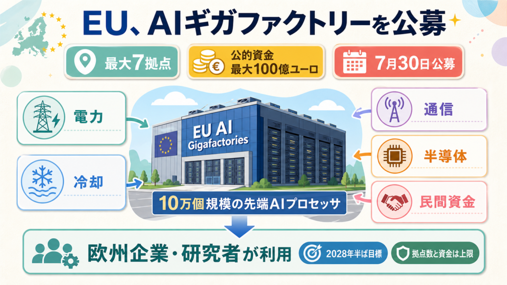 EUのAIギガファクトリー公募で計算資源と電力を整備する図解