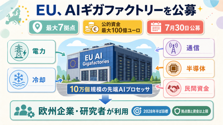 EUのAIギガファクトリー公募で計算資源と電力を整備する図解