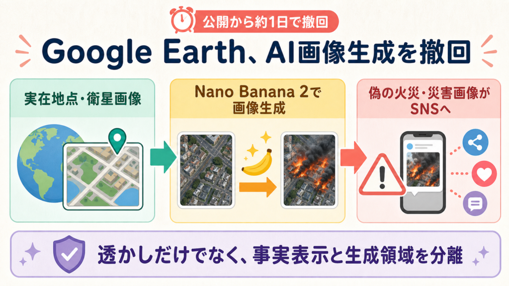 Google EarthがNano Banana 2の画像生成機能を撤回した理由を示す図解