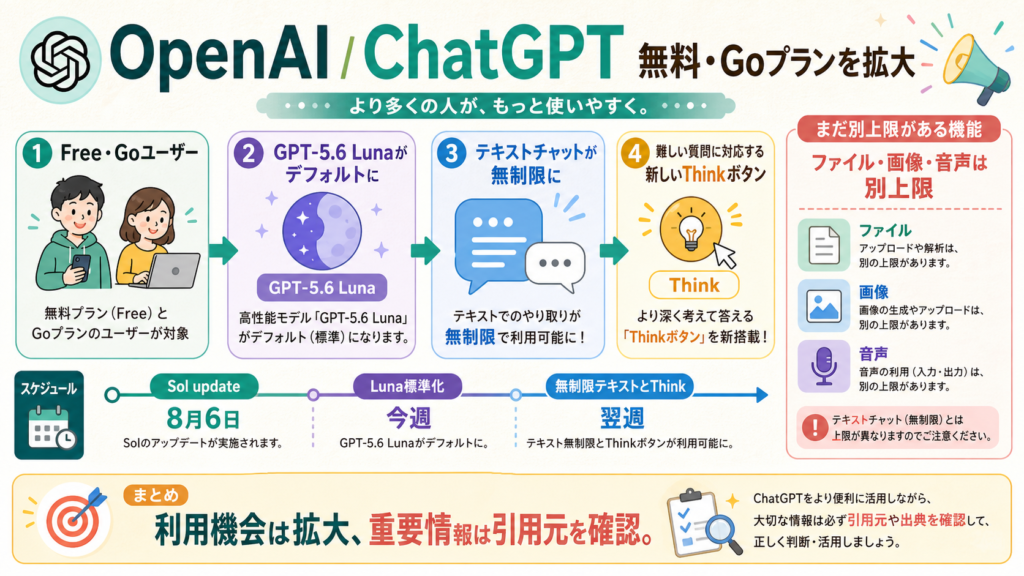 ChatGPT無料枠でGPT-5.6 Lunaと無制限テキスト会話が提供される範囲を示す図解