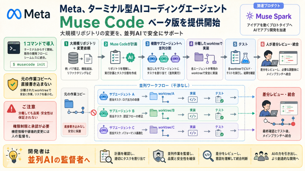 Meta Muse Codeが大規模リポジトリを複数サブエージェントへ分けて修正する図解