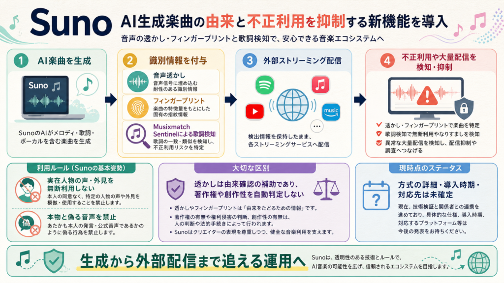 SunoがAI生成楽曲へ音声透かしとフィンガープリントを付ける流れを示す図解