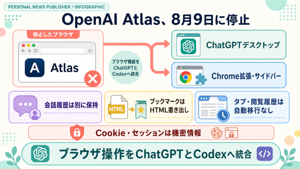 OpenAIがAtlasを停止しChatGPTデスクトップアプリとChromeへ移行する流れを示す図解