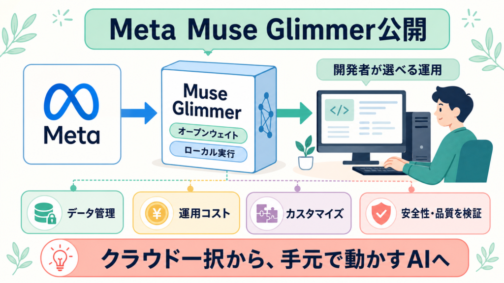MetaのMuse Glimmer公開とローカルAI運用で確認すべき項目を示す図解