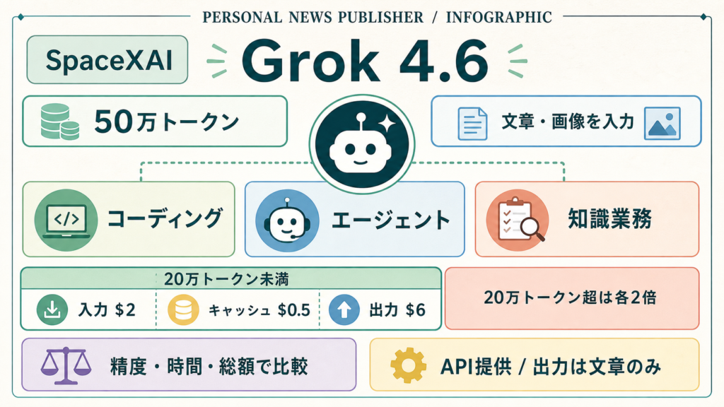 Grok 4.6の50万トークン、推論設定、料金比較の要点を示す図解