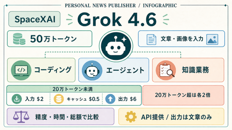 Grok 4.6の50万トークン、推論設定、料金比較の要点を示す図解