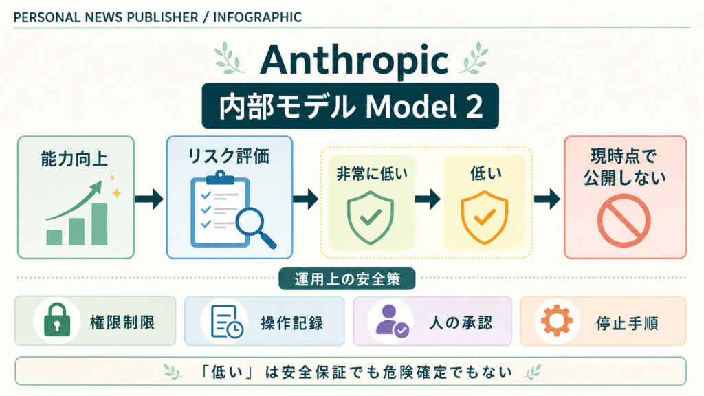 AnthropicがModel 2の能力向上を評価し公開を見送った判断を示す図解