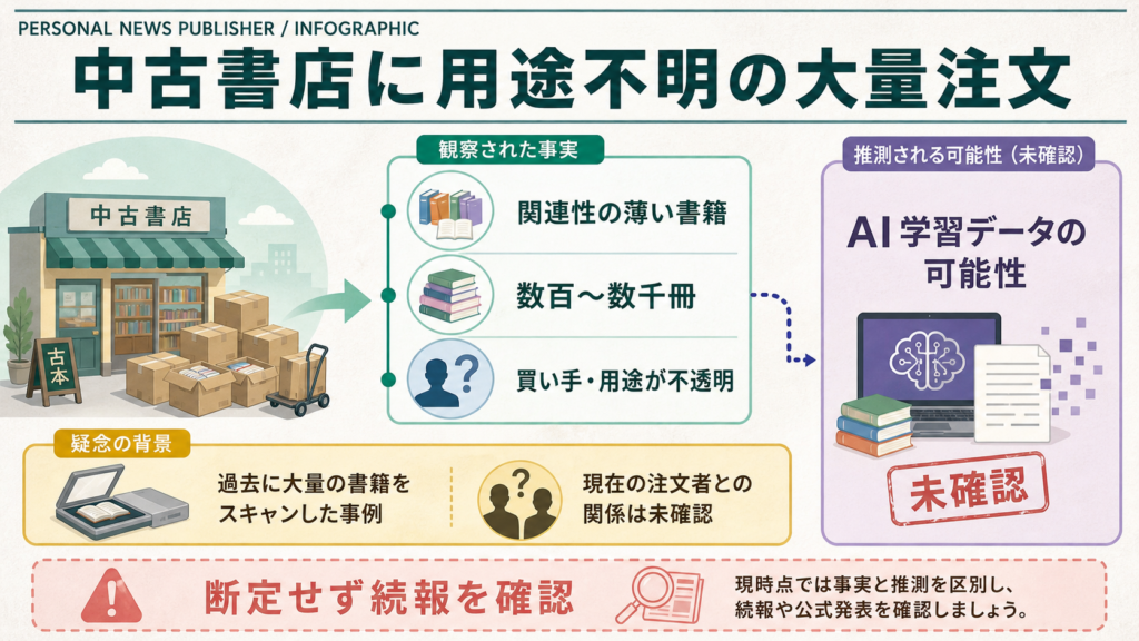 中古書店への用途不明の大量注文とAI学習用との疑念、未確認点を示す図解