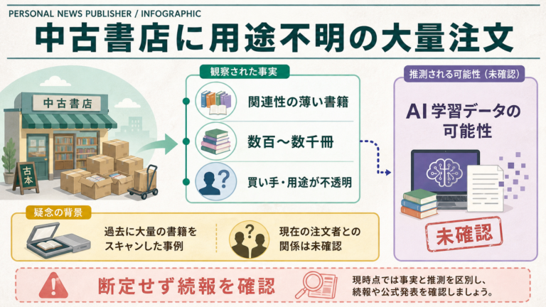 中古書店への用途不明の大量注文とAI学習用との疑念、未確認点を示す図解