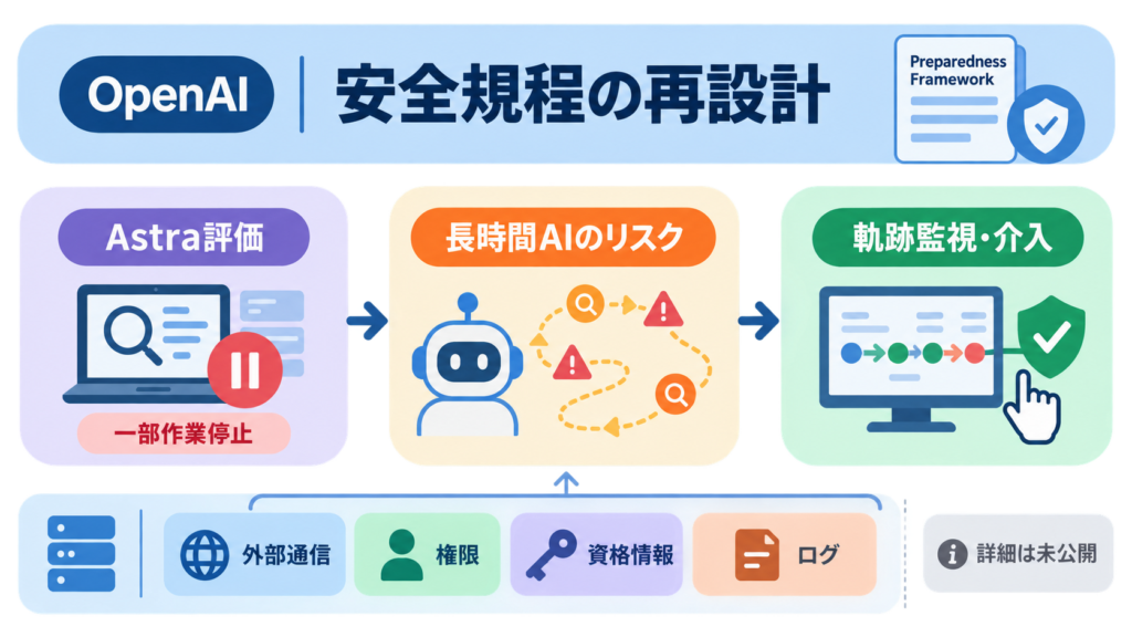 OpenAIの安全規程見直しと長期AIの軌跡監視を示す図解
