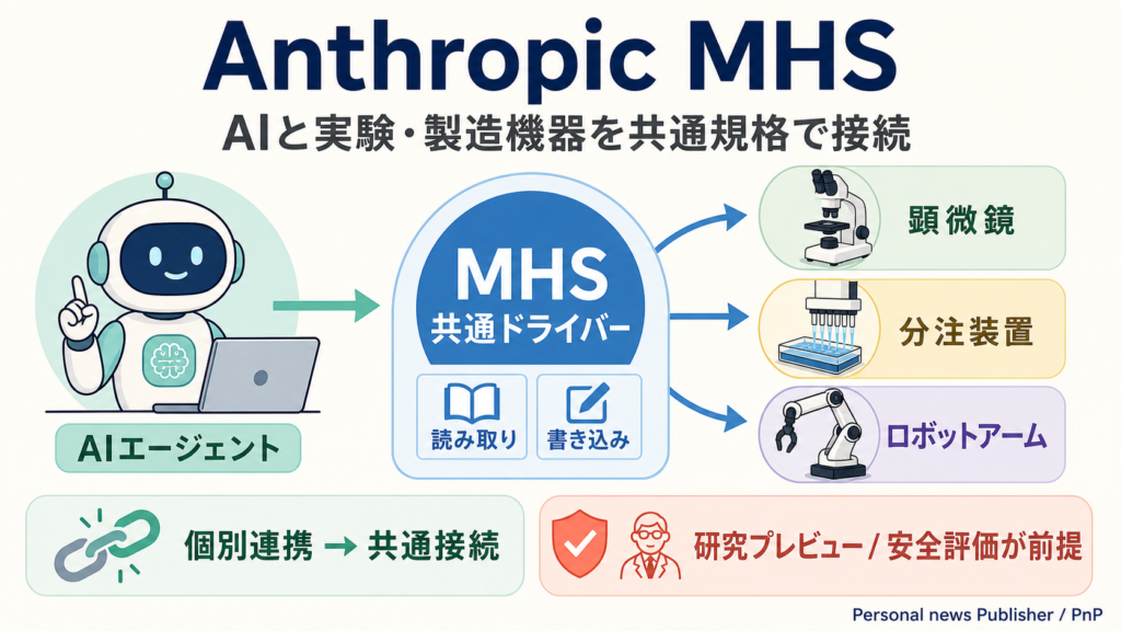 AnthropicのMHSがAIエージェントと研究・製造機器を共通ドライバーで接続する仕組みの図解