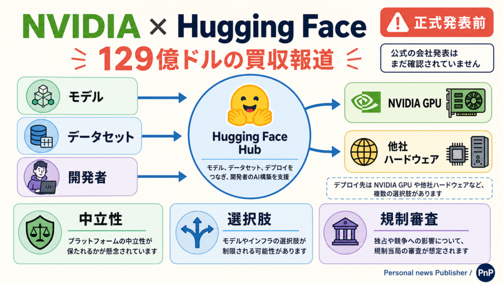 NVIDIAによるHugging Face買収報道がモデル共有基盤と複数の計算基盤へ与える影響を整理した図解