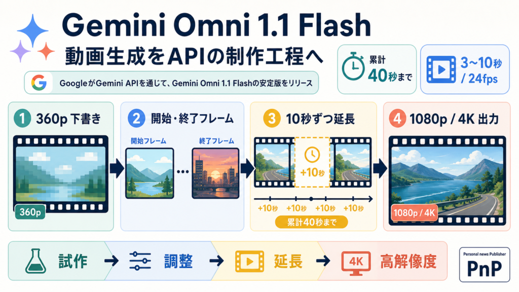 Gemini Omni 1.1 Flashを使った360p下書き、フレーム指定、動画延長、4K出力の制作工程の図解