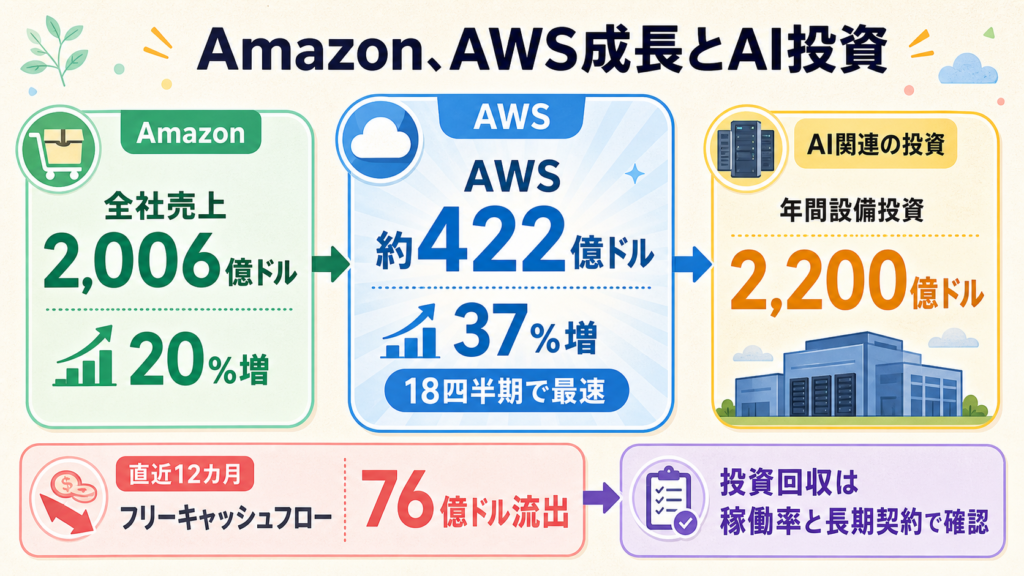 Amazonの売上、AWS成長、AI設備投資とキャッシュフローを整理した図解