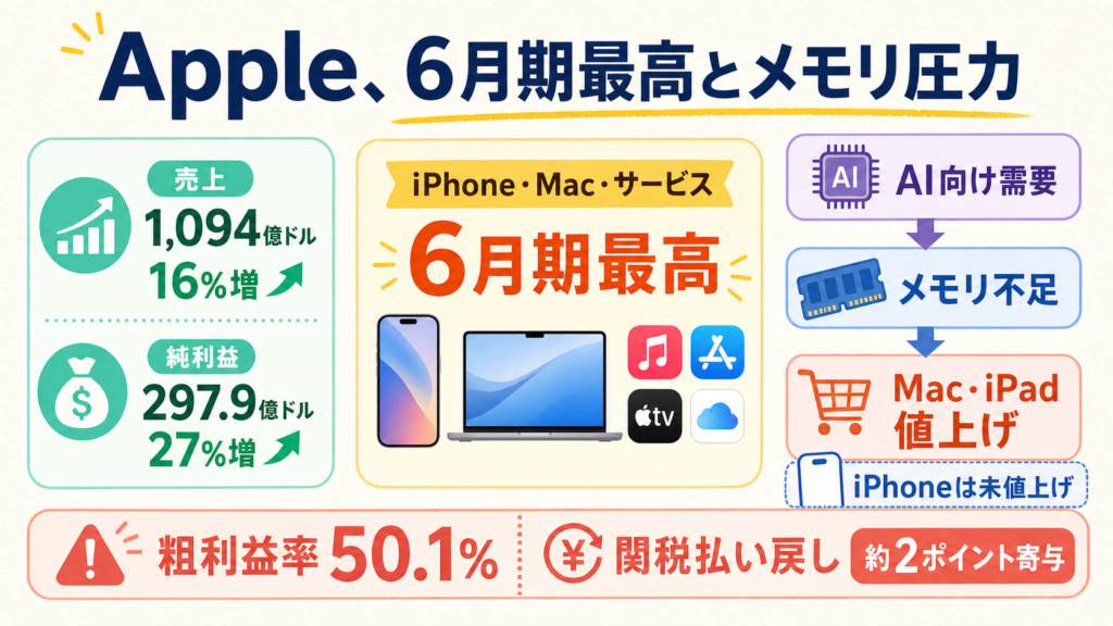 Appleの売上成長と関税払い戻し、AI向けメモリ不足の影響を示す図解