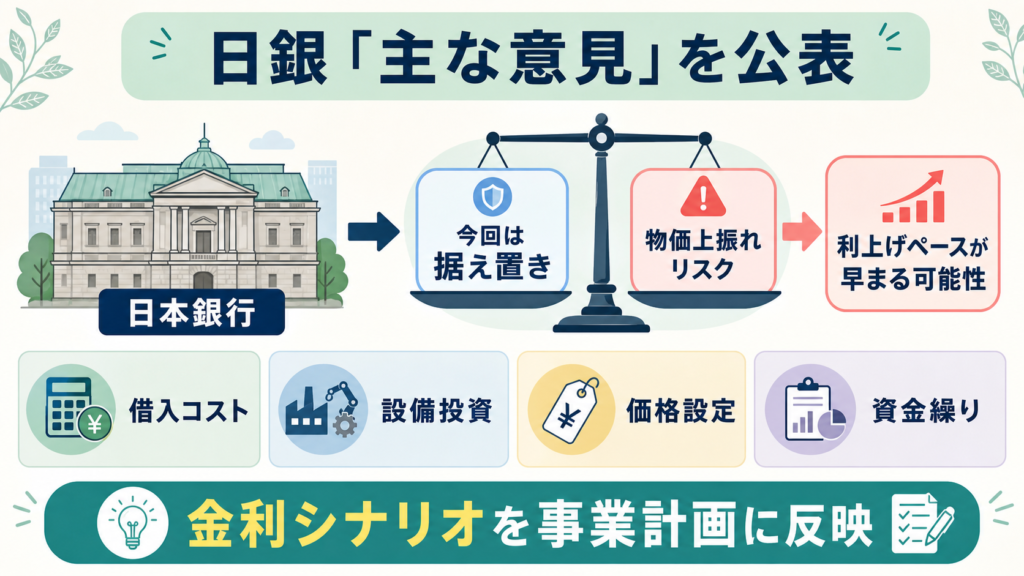 日本銀行の据え置き判断と利上げリスクが企業経営へ与える影響を示す図解