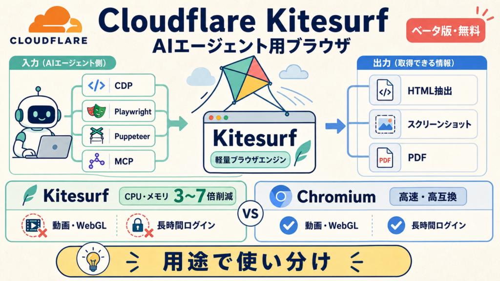 Cloudflare KitesurfとChromiumの用途・資源消費・制限を比較する図解