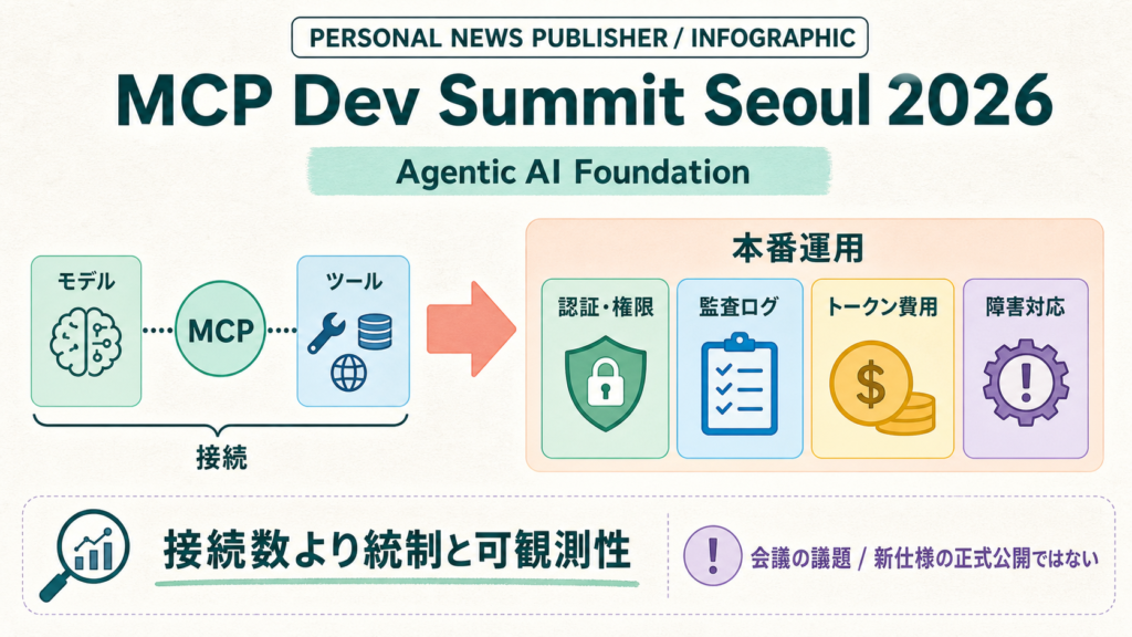 MCP Dev Summit Seoulで接続から本番運用へ論点が広がったことを示す図解