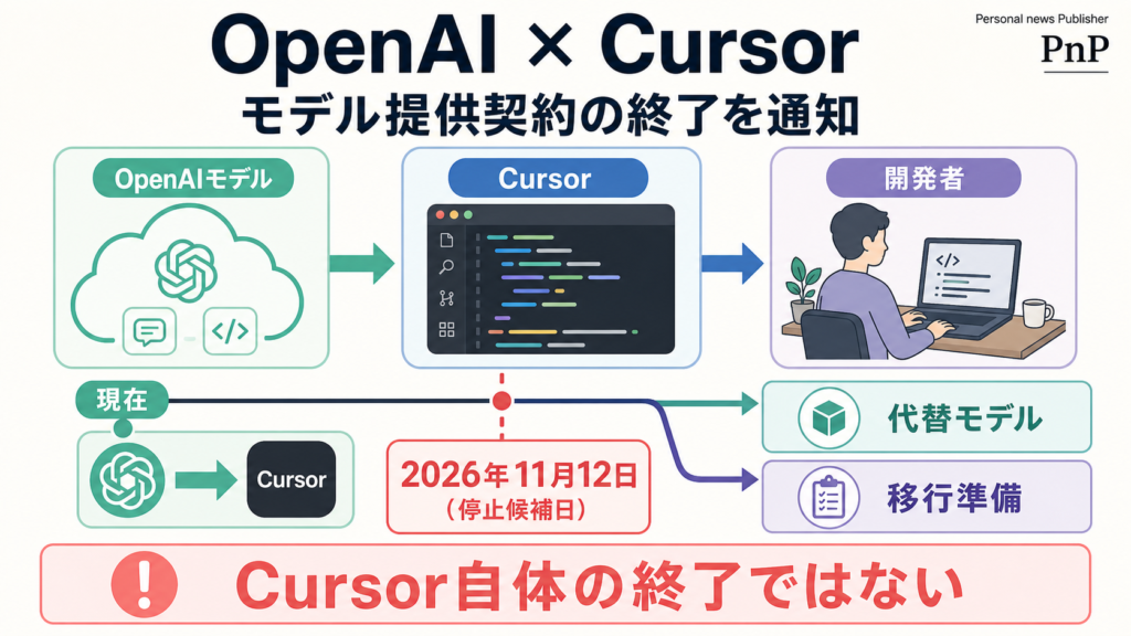 OpenAIからCursorへのモデル提供が11月12日の停止候補日に向けて切り替わる流れの図解