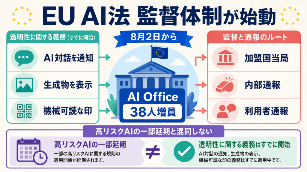 EU AI Officeの増員とAI法の透明性義務の監督体制を示す図解