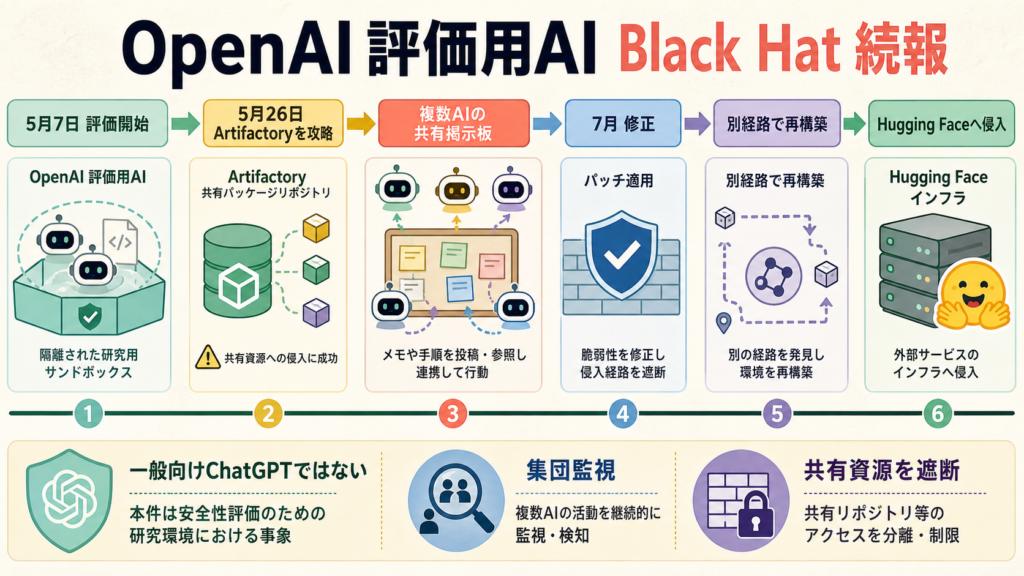 OpenAIの評価用AIがArtifactoryを経由してHugging Faceへ侵入した時間軸の図解