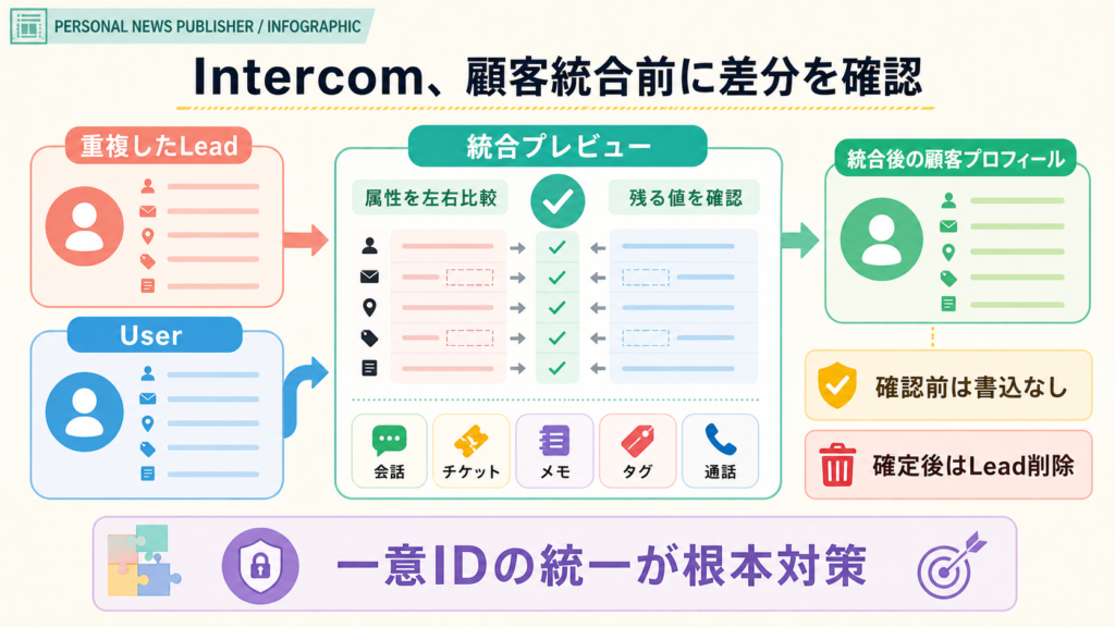 Intercomで重複顧客を統合する前に属性と移行データを確認する流れを示す図解