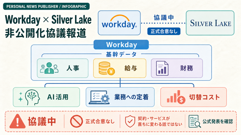Silver LakeとWorkdayの非公開化協議報道と基幹SaaSの価値を示す図解