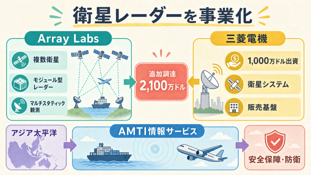 Array Labsと三菱電機が衛星レーダーのAMTI情報サービスを事業化する図解