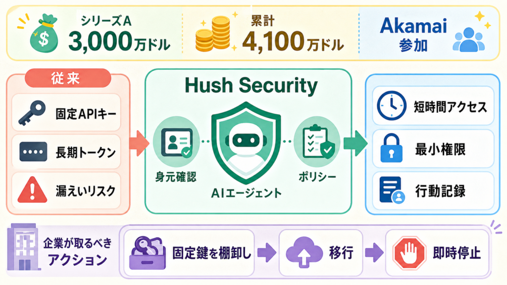 Hush SecurityがAIエージェントの固定鍵を短時間アクセスへ置き換える仕組みの図解