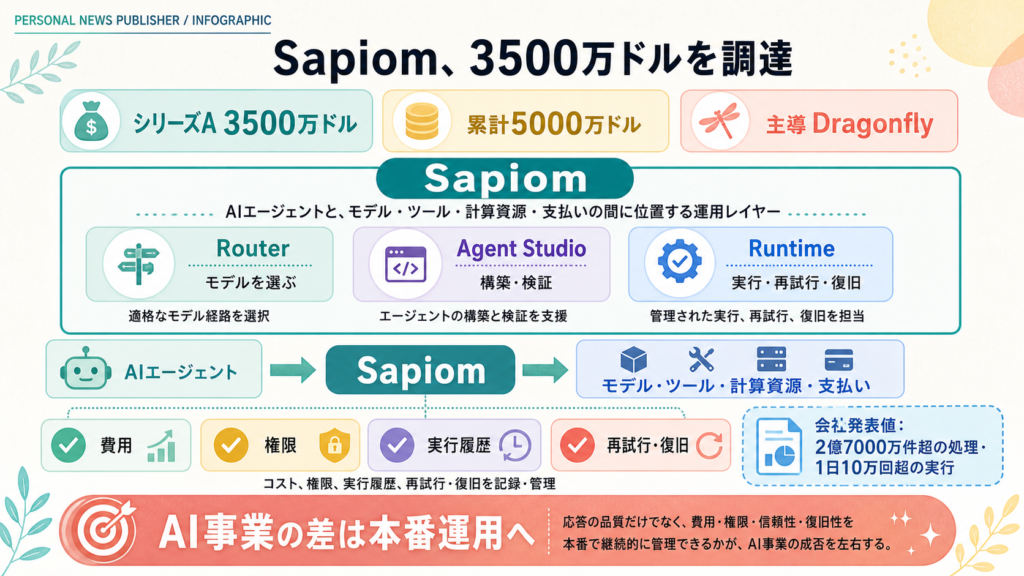 Sapiomの3500万ドル調達とAIエージェント本番運用基盤の役割を示す図解