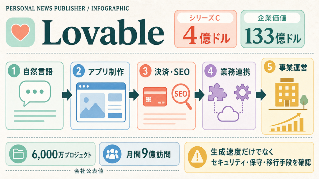 Lovableの4億ドル調達とAIアプリ制作から事業運営支援への拡張を示す図解