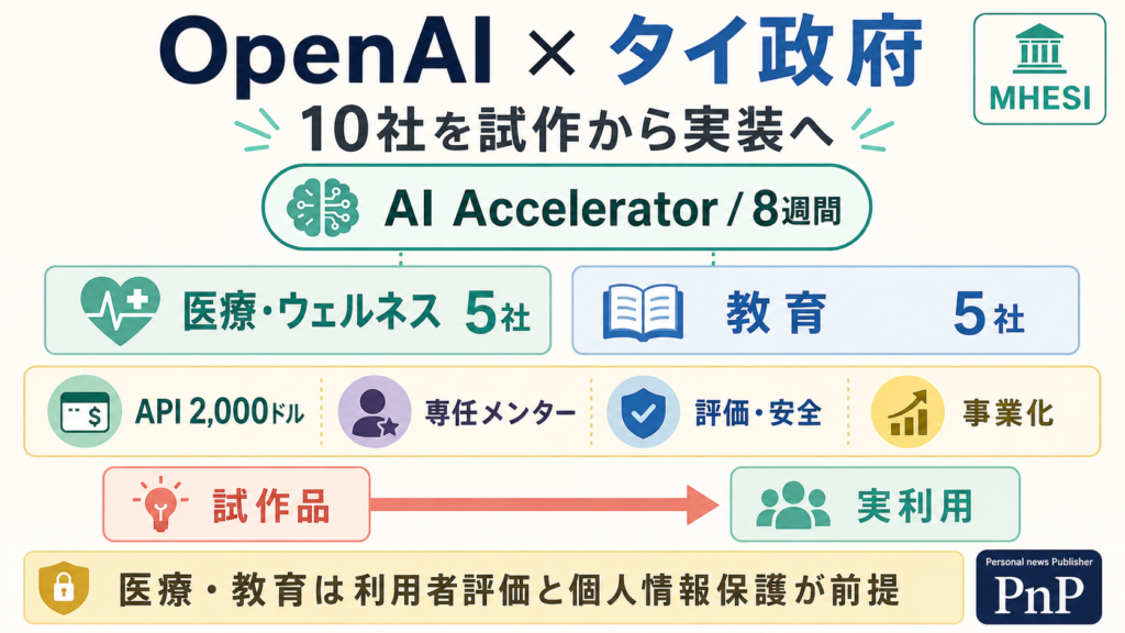 OpenAIとタイ政府のAIアクセラレーターが10社を8週間で試作から実装へ支援する流れの図解