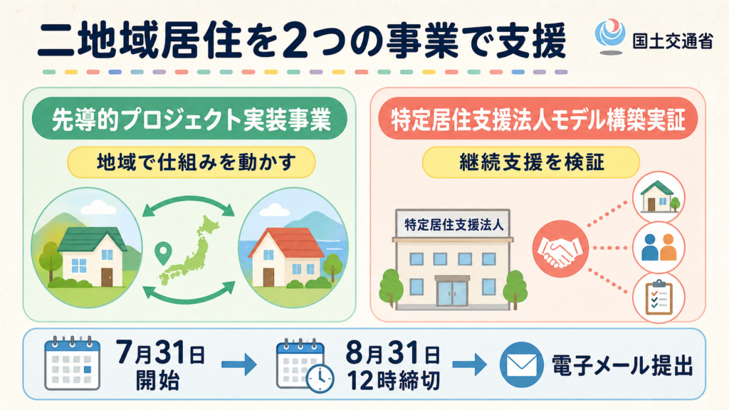 国土交通省の二地域居住支援2事業と公募期間を整理した図解