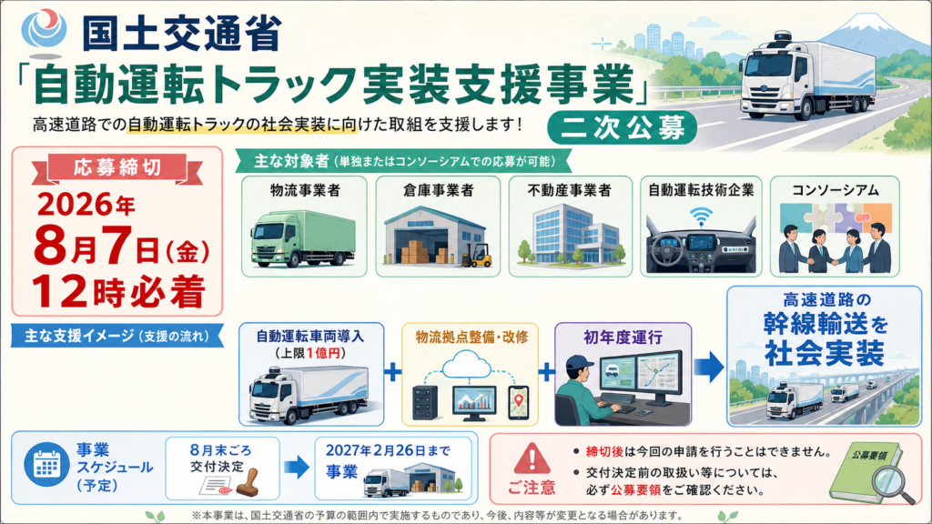 自動運転トラック実装支援事業が車両・物流拠点・システム・運行を支援する図解