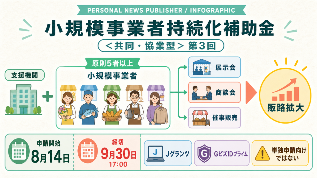 持続化補助金共同協業型の申請主体、取組、締切を示す図解