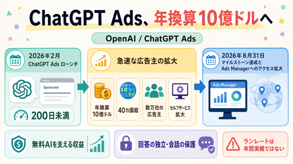 ChatGPT Adsが開始200日未満で年換算10億ドルに達し、世界展開と無料AIの収益化が進む流れの図解