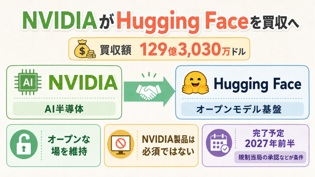 NVIDIAがHugging Faceを買収し、オープンな運営と計算基盤の選択を維持する方針を示した図解