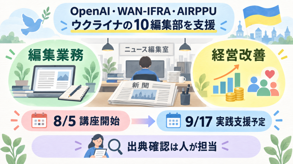OpenAI・WAN-IFRA・AIRPPUがウクライナの10編集部を実践支援。8/5講座開始→9/17実践支援予定。編集業務と経営改善の2本柱、人が出典確認。