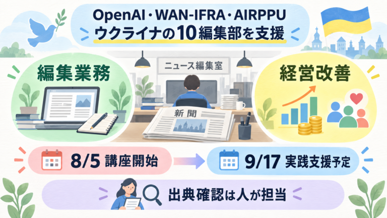 OpenAI・WAN-IFRA・AIRPPUがウクライナの10編集部を実践支援。8/5講座開始→9/17実践支援予定。編集業務と経営改善の2本柱、人が出典確認。