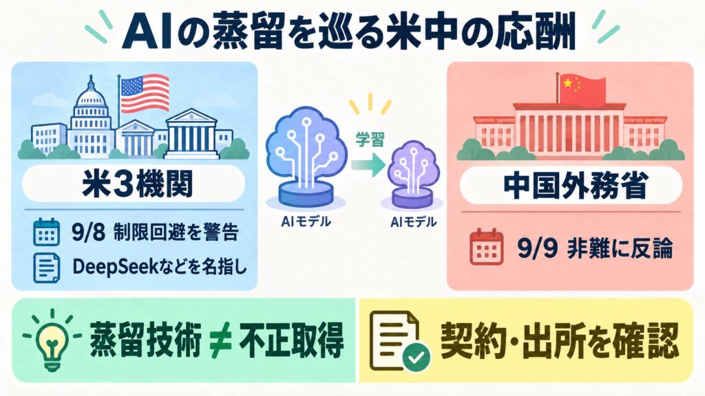 米3機関が9/8にDeepSeekなどによる制限回避を警告、中国外務省が9/9反論。米側の主張と中国側の反論を左右対称に置く。蒸留という学習技術と不正取得は別。