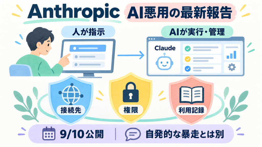Anthropicの9/10公開レポート。人によるClaude悪用の調査で、自発的暴走とはしない。AIが回答の補助から作業の実行管理にも使われたと報告。企業の確認点は接続先・権限・利用記録。