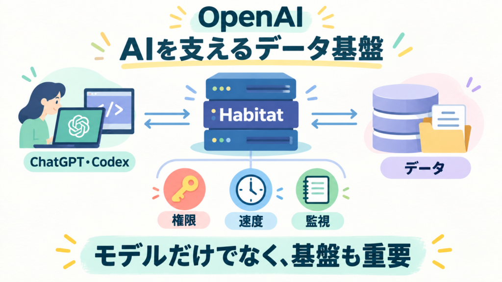 OpenAIが9/11に公開したHabitatの技術解説。ChatGPT・Codexとデータの間に共通基盤があり、取得・権限・監視を支える。新モデル発表ではない。