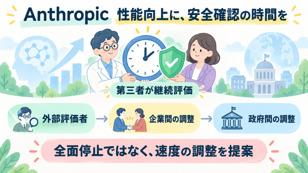 Anthropic CEOの9/12の提案。外部評価者を継続的に受け入れる方針。安全確認の時間を確保し、企業間・政府間の調整を提案。開発の全面停止や合意成立ではない。