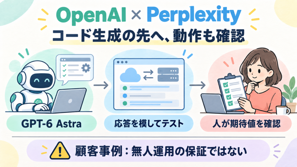 OpenAI掲載のPerplexity事例。GPT-6 Astraに外部サービスを模したテストを作らせ、入口から出口まで確認。顧客事例であり無人運用の保証ではない。