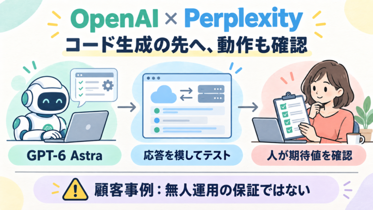 OpenAI掲載のPerplexity事例。GPT-6 Astraに外部サービスを模したテストを作らせ、入口から出口まで確認。顧客事例であり無人運用の保証ではない。