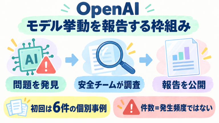 OpenAIが想定外のモデル挙動を調査・公表する枠組みを発表。初回は6件の個別事例。発見から調査、公開までを示し、件数は発生頻度ではないと注意する。